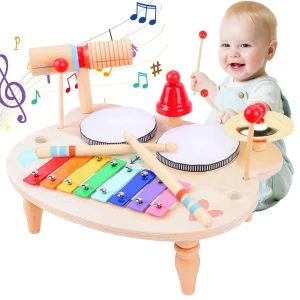 10-in-1 Wooden Kids Musical Instrument Table & Xylophone Set